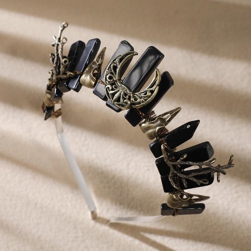 CoTeeZa Black Crystal Witch Crown for Women - Crow Skull Gothic Tiara Headband with Bronze Moon, Dark Queen Quartz Headpiece for Halloween Cosplay Wedding Prom Pageant Renaissance