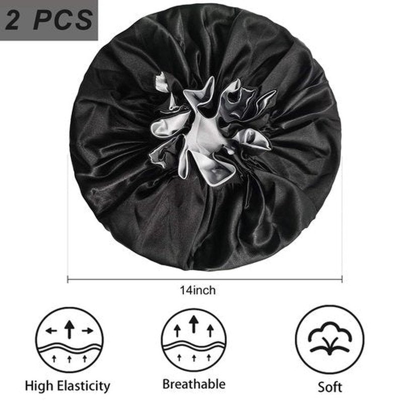 EXTRAPINS 2 PCS Double Layer Extra Large Satin Sleeping Cap,Silk Bonnets for Women,Satin Bonnet for Curly Hair with Elastic,for Women Girl(Black)