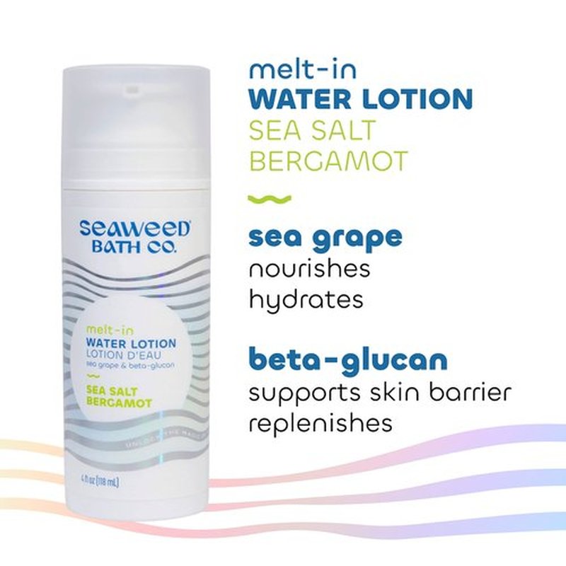 Seaweed Bath Co. Melt-In Water Lotion, Sea Salt Bergamot Scent, 4 Ounce, Sustainably Harvested Seaweed, Sea Grape, Beta-Glucan