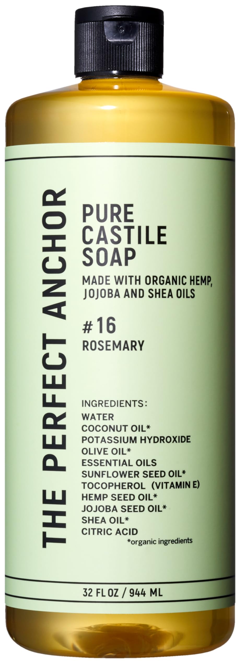 The Perfect Anchor Pure Castile Soap Rosemary 32fl oz Face & Body Wash & Makeup Cleanser 100% Natural OTCO Organic Liquid Soap Vegan Palm-Oil-Free Japanese-Inspired (Formulated in Japan)