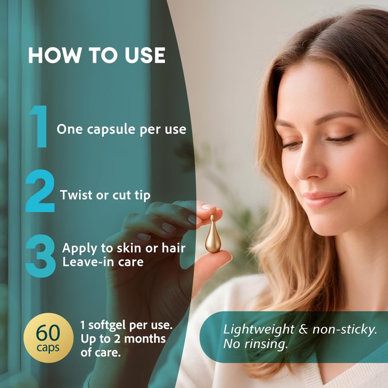 Vitamin E Capsules for Hair and Skin – 2-in-1 Frizz Control & Glow Serum with Aloe Vera & Siloxane, Leave-In Silky Shine Treatment, Single-Use Beauty Softgels, 60 Count, Made in USA
