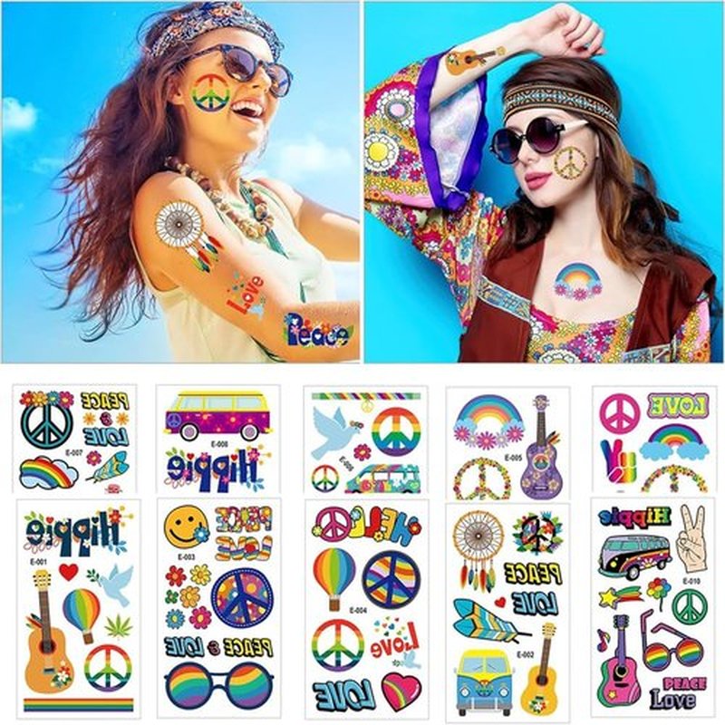 100PCS Groovy 70s Temporary Tattoos-10 Sheets Hippie Tattoo Stickers for Fan Birthday Party Decorations Hand Tattoo Party Favor Party Supplies Gifts for Kids Boy Girl Adult Pretty Christmas Gift