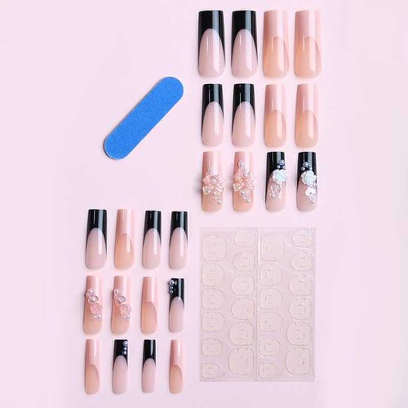 Long Press on Nails Square Fake Nails Pink Artificial Nail Black French and 3D Flowers Designs Cute Bow Stick on Nail for Women 24pcs