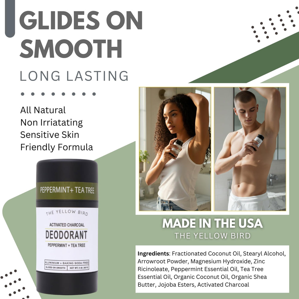 Charcoal Deodorant for Men & Women with Tea Tree & Peppermint - Baking Soda Free Deodorant & Aluminum Free Magnesium Formula - Made in USA with Natural & Organic Ingredients - Fresh Mint Scent