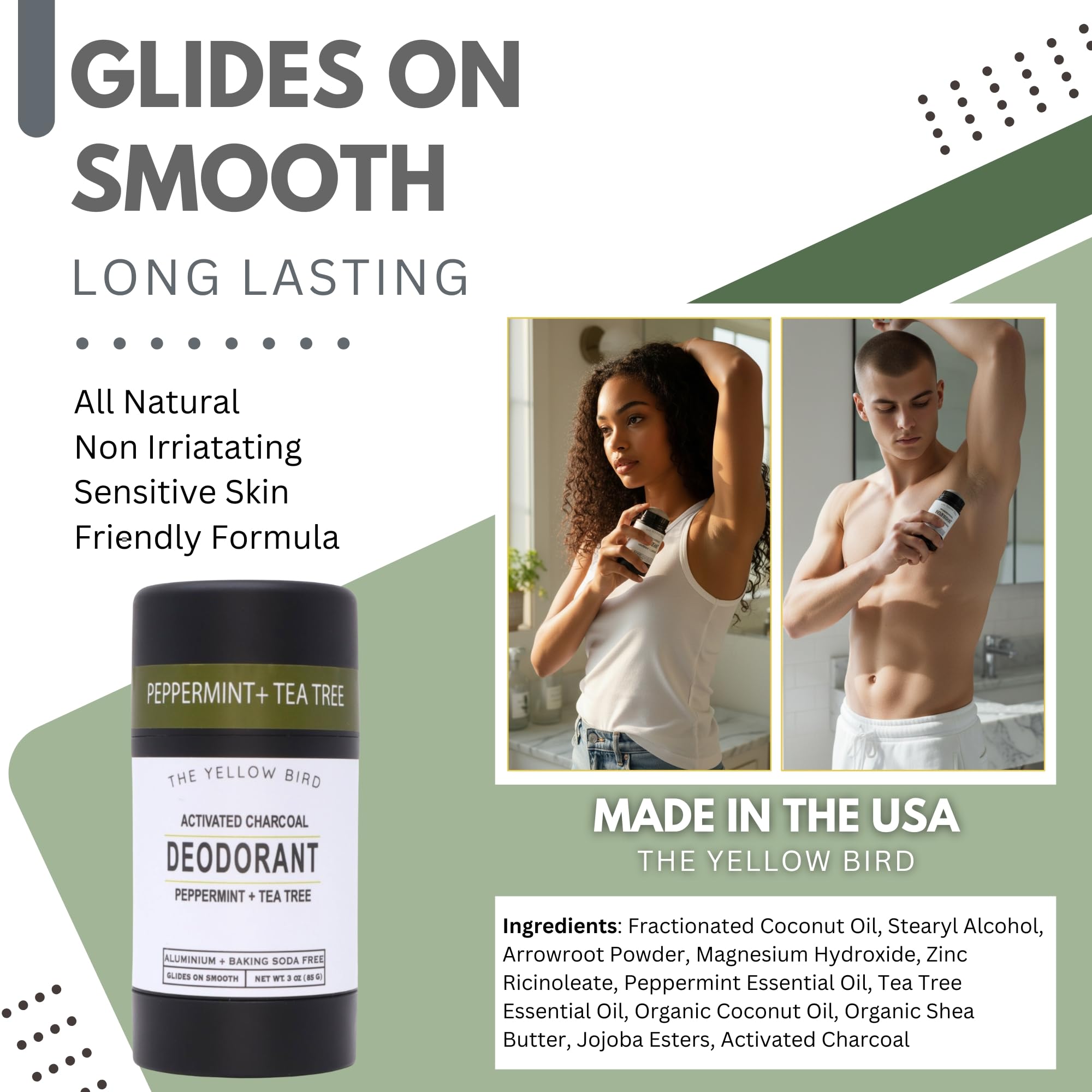 Charcoal Deodorant for Men & Women with Tea Tree & Peppermint - Baking Soda Free Deodorant & Aluminum Free Magnesium Formula - Made in USA with Natural & Organic Ingredients - Fresh Mint Scent