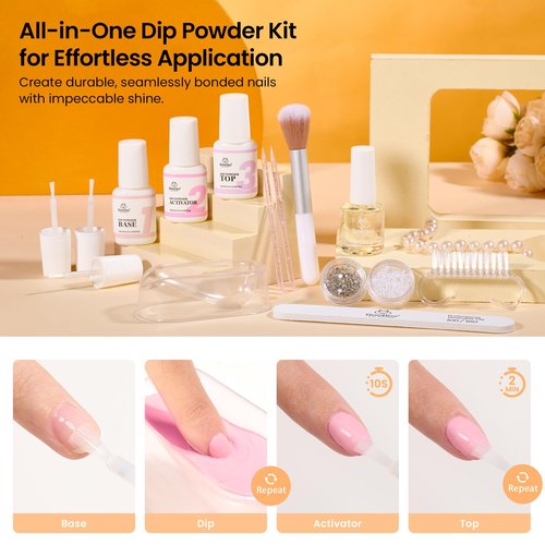 Beetles Dip Powder Nail Kit, 6 Colors Dipping Powder Nude White Pink Glitter with Base Top Coat Activator and Tools for French Nail Art, Easy DIY Home Manicure Salon Valentines Gift for Women