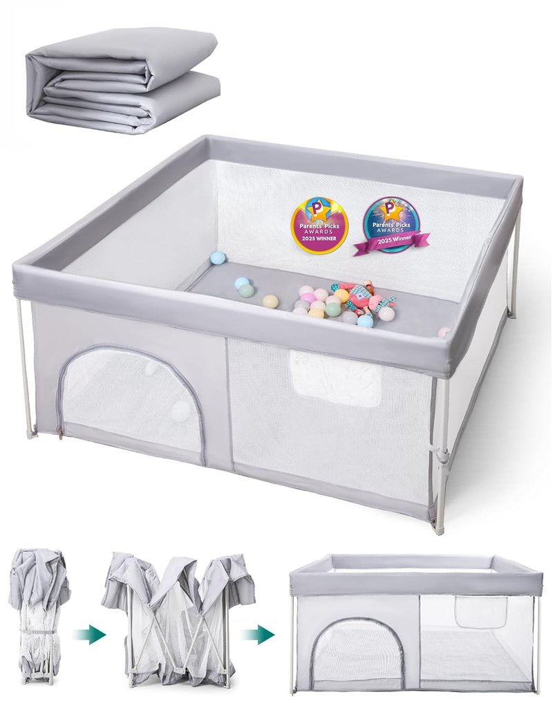 Babelio Foldable Baby Playpen - Portable 54.5" × 54.5" Playard with Mat | Indoor & Outdoor Safety Fence, Grey