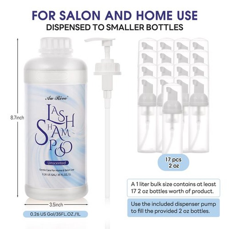 AuReve Lash Shampoo for Lash Extensions 1L/35fl.oz Eyelash Extension Cleanser Lash Cleaning Kit, Gentle Foaming Eyelash Shampoo with Brush and Wash Bottle for Salon Home Care Unscented