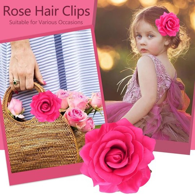 Atoden Hot Pink Rose Hair Clip, Flower Rose Clips for Hair, Hawaiian Floral Hair Pins Alligator Clips Brooch Mexican Decorative Headpieces for Women Girls Bridal Wedding Hair Accessories