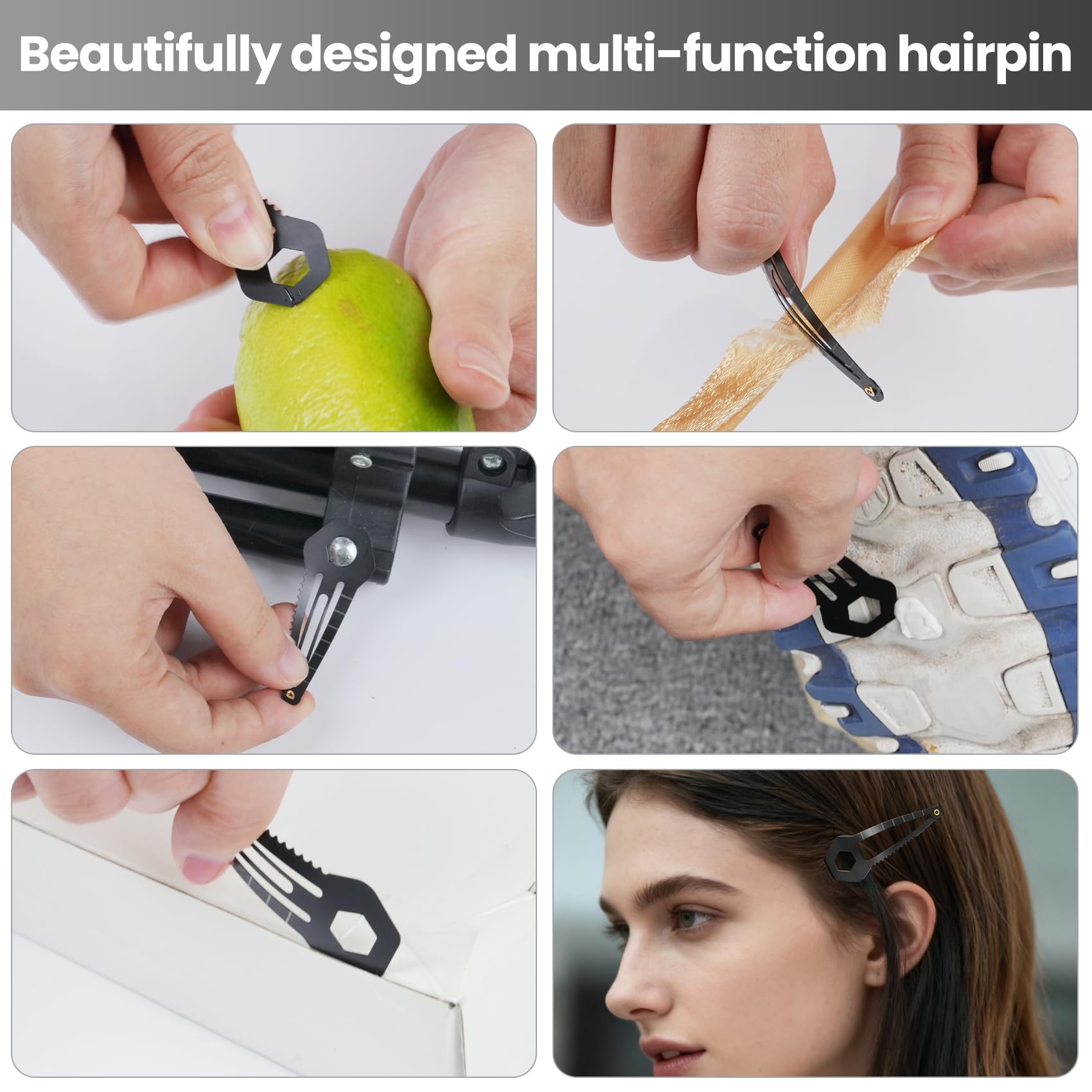 12-Pack Tactical Hair Clips - Mini Functional Snap Hair Clips - Hair Tie Cutter Tool - Small Barrettes for Women & Men It can open bottles, boxes, tighten glasses screws, cut cable ties, and more