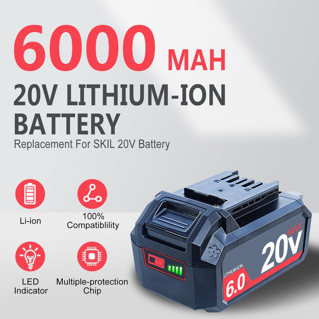 FSKE 6000mAh Replacement for Skil 20V Battery PWRCore BY519601 BY519603
