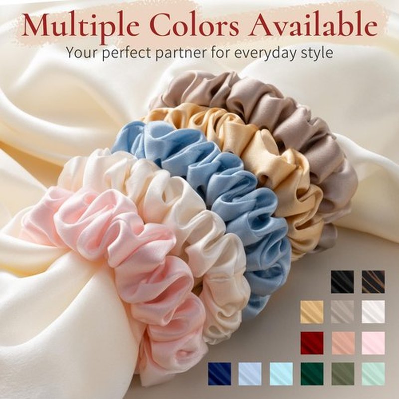Silk Hair Ties 3 Pack 6A 100% Mulberry Silk Scrunchies 22 Momme Small Sleep Ties and No Damage No Crease for Women Girls Curly Thick Thin Hair, Sample Fabric Provided (Coral & Light Brown & Beige)