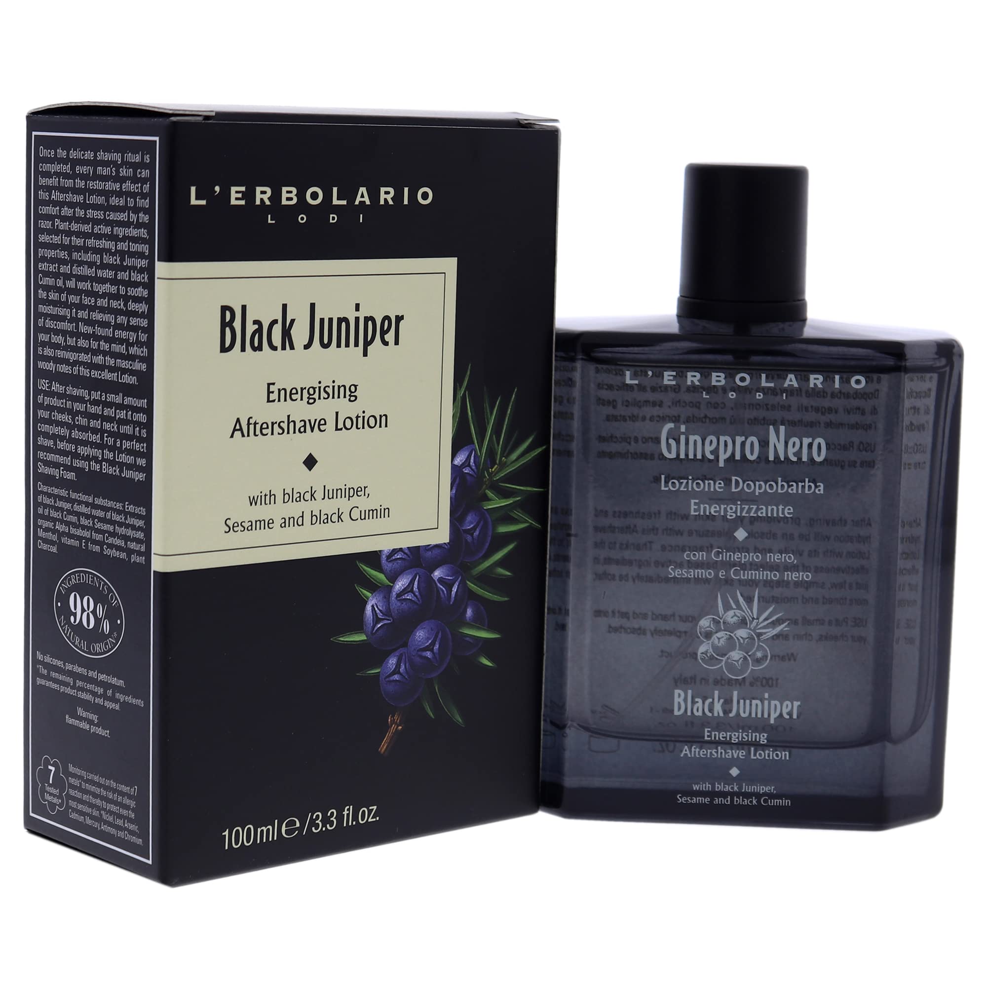 L'Erbolario Energizing After Shave Lotion - Hydrating Aftershave for Men for Soothed Face and Neck - Woody Post Shave Cream - Black Juniper - 3.3 oz