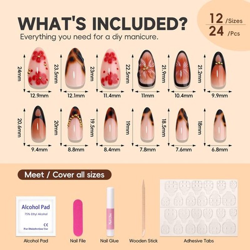 HOSAILY Medium Almond 3D Brown Gold Flower Press on Nails-‎ Tortoiseshell Leopard French Tip Blossom Gradient Design,24Pcs Handmade Fall/Autumn/New Year Glue on Acrylic Fake Nail Press ons for Women