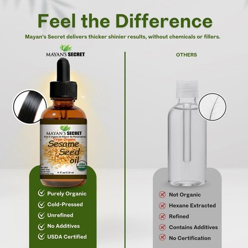 Mayan’s Secret Organic Sesame Oil - Cold Pressed, Unrefined, Hexane-Free and Organic Sesame Seed Oil for Skin, Body, Face & Hair – 100% Pure - Amber Glass Bottle, 4 fl. oz. - USDA Certified