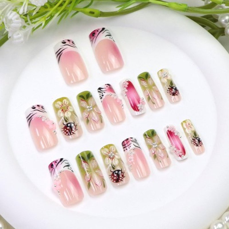 Flower Press on Nails Square Medium Fake Nails Press ons with Flower Charm Ladybug Line French Style Designs Acrylic Cute Spring Glue on Nails for Women 24 Pcs