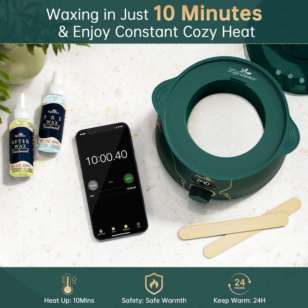 Lifestance Waxing Kit for Women & Men - L3 Emerald Alloy Digital Warmer, Silicone Wax Pot Liner, Hair Removal Kit with 14.1oz Hard Wax Beads & Oil Spray Professional for Home Brazilian Bikini Face Leg