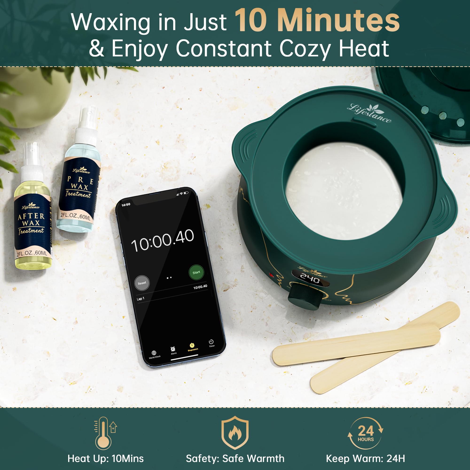 Lifestance Waxing Kit for Women & Men - L3 Emerald Alloy Digital Warmer, Silicone Wax Pot Liner, Hair Removal Kit with 14.1oz Hard Wax Beads & Oil Spray Professional for Home Brazilian Bikini Face Leg