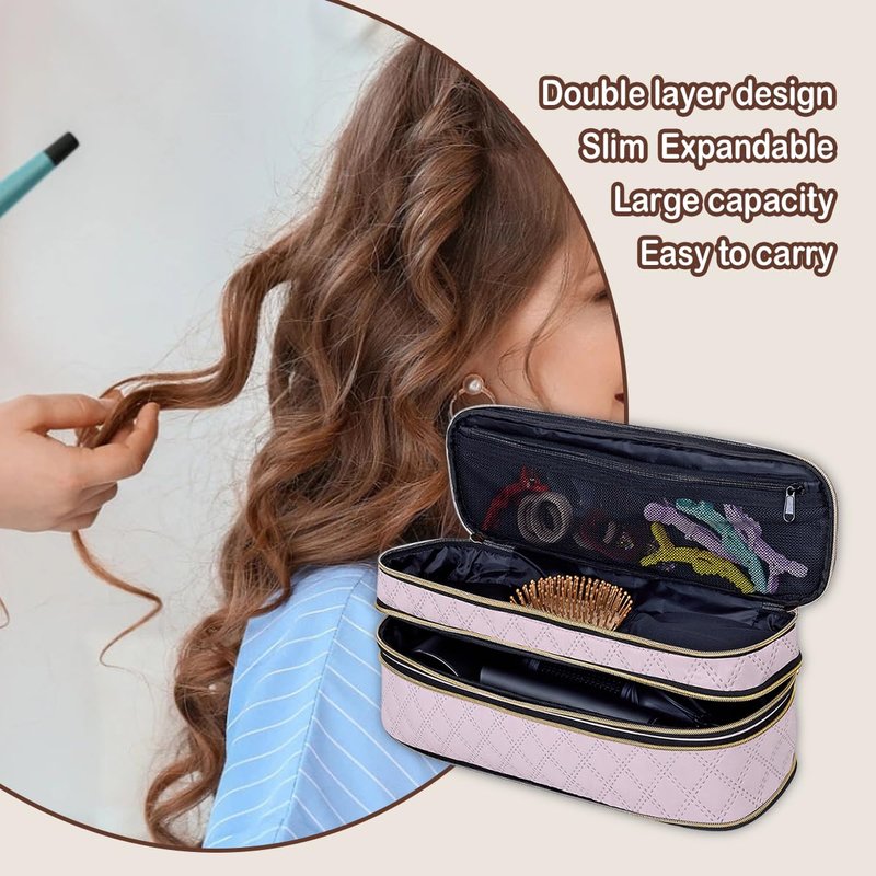 UOZL Hair Dryer Curling Iron Storage Bag, Travel Carrying Case, Slim Expandable Handheld Dual-Layer Travel Storage Bag for Dryer/Hair Tool Organizer/Style Organizer (Pink)