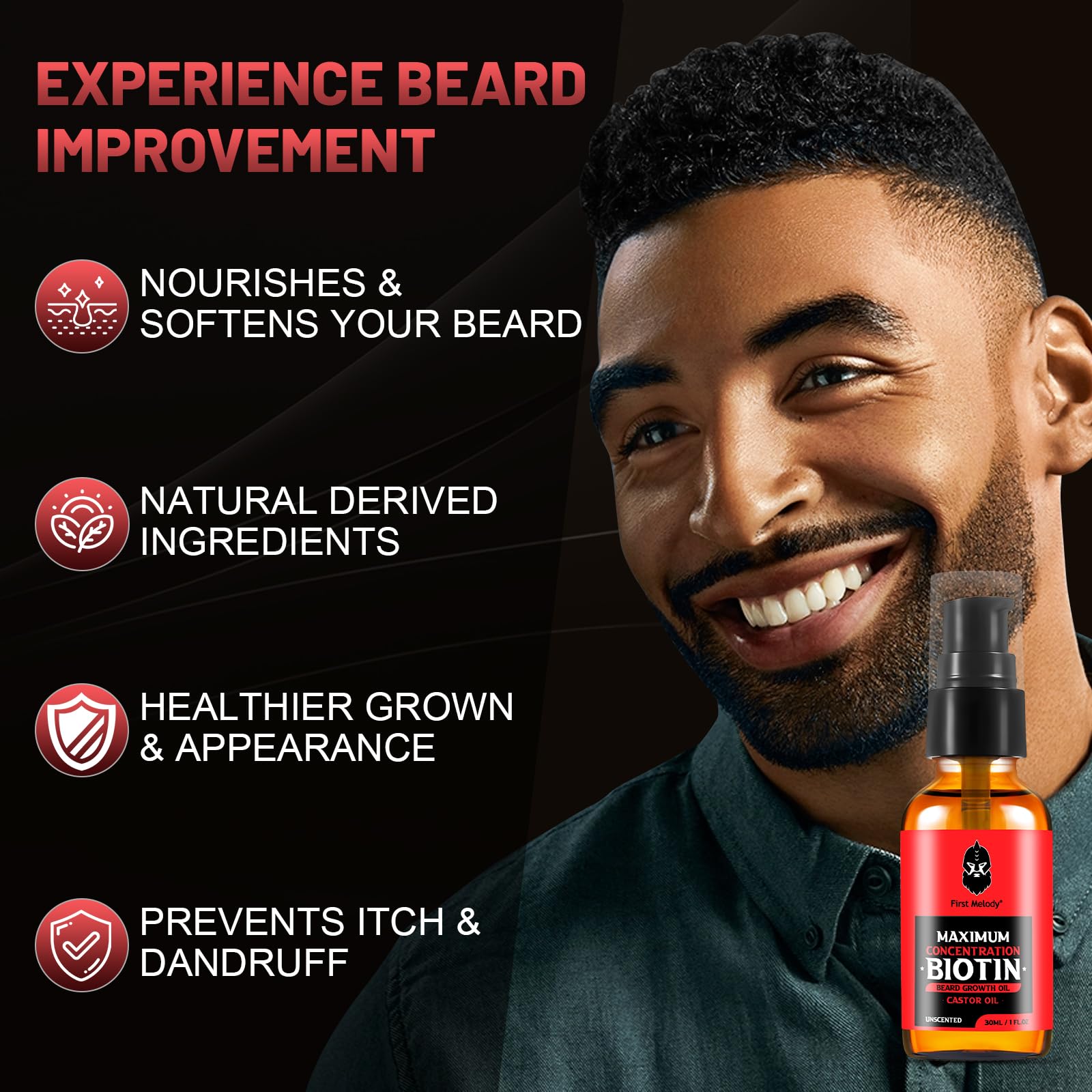 First Melody Beard Oil,Maximun Thickening Biotin, with Castor Oil and Argan & Jojoba Oils, Promotes Beard Growth, Styles, Strengthens & Softens Beards & Mustaches,1 Ounce*2