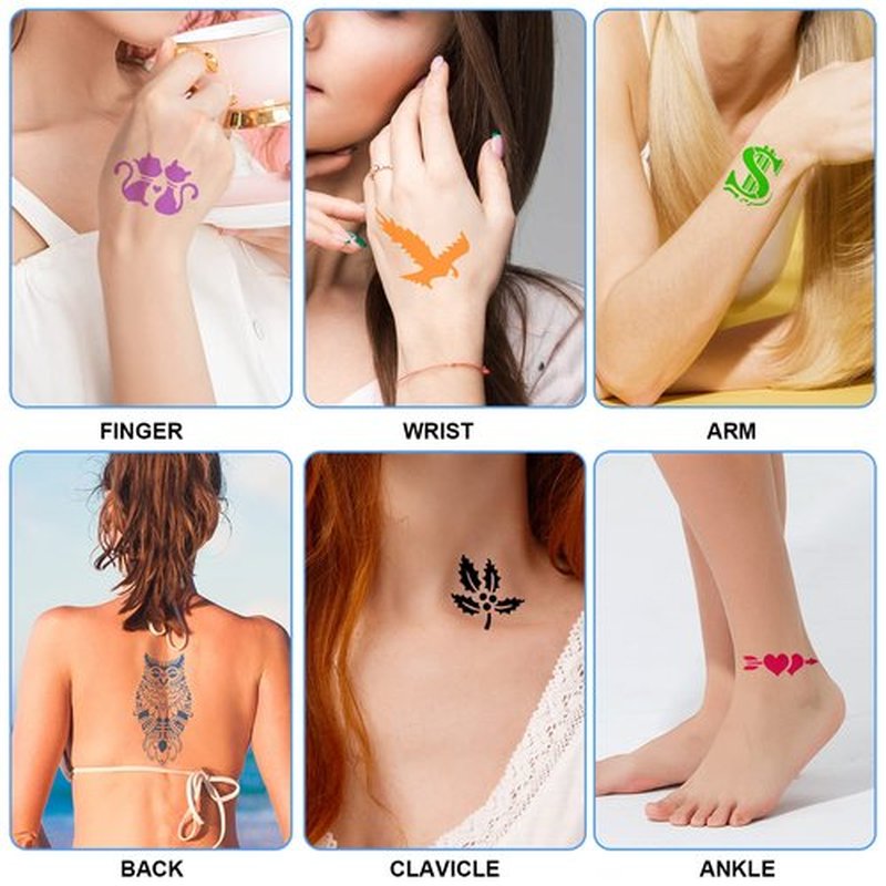 Qpout Tattoo Stencils for Kids and Adults - 16 Sheets Henna Kit With Small and Big Designs for Real Tattoos - Skeleton, Spider, Owl, Flower, Butterfly, Tribal, Totem