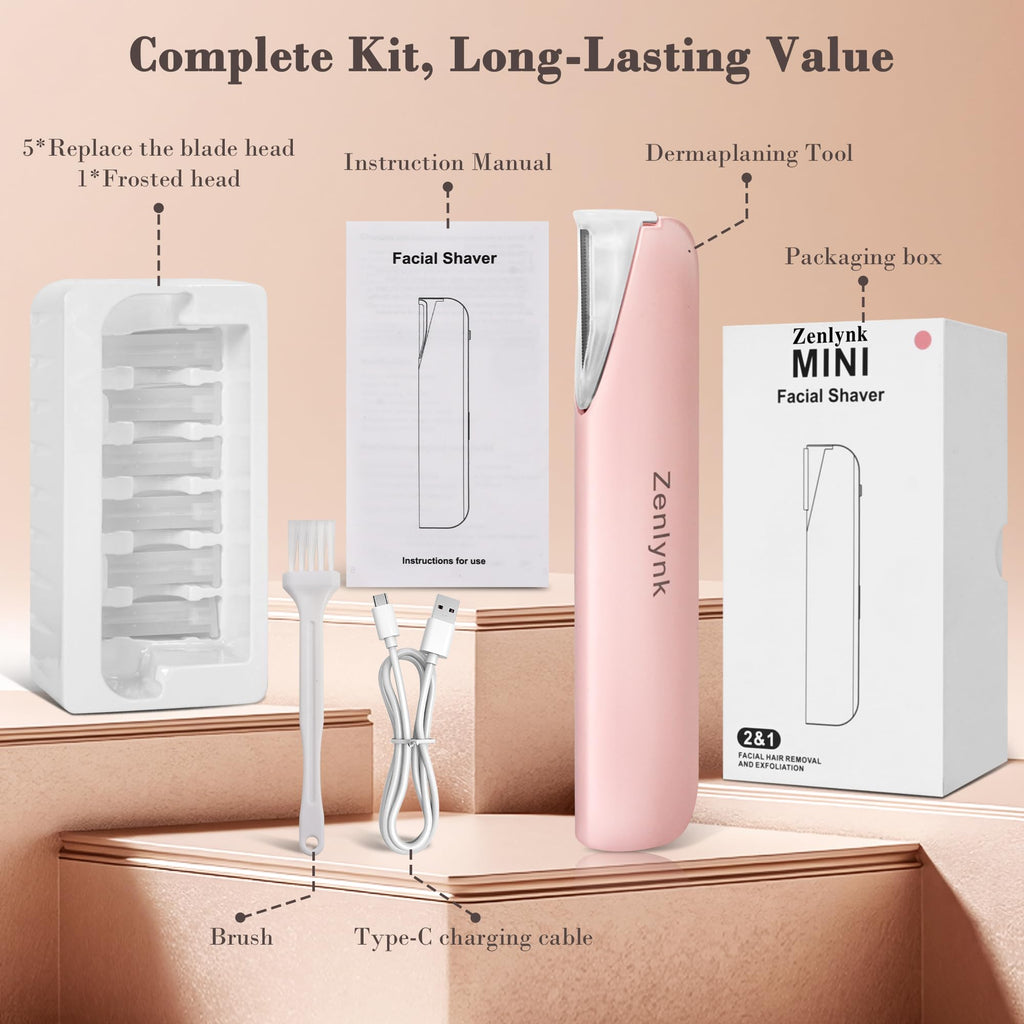 Zenlynk Vibration-Assisted Manual Dermaplane Razor for Women Face, Facial Exfoliator & Peach Fuzz Trimmer with 3 Vibration Modes, LED Light, 5 Replacement Blades & Exfoliating Scrubber, Pink