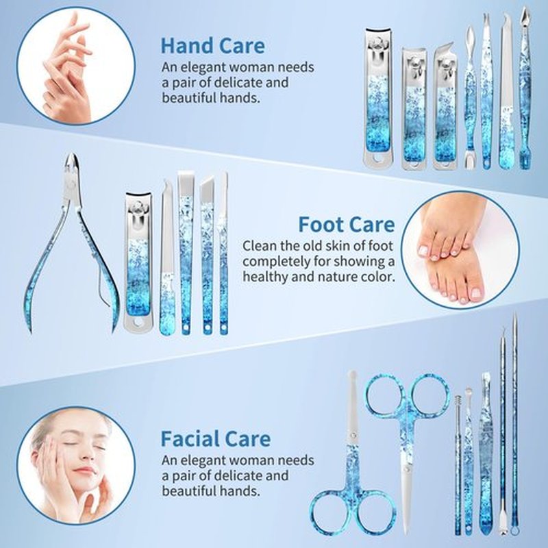 OFIDUS Nail Clippers Set Fingernail and Toenail Clipper Cutters, Professional Manicure Pedicure Kit 18Pcs, Nail Care Grooming Tools with Luxurious Travel Case (Diamond Blue)