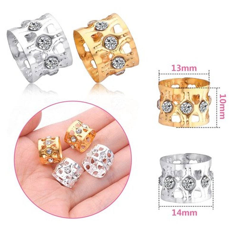 50pcs Rhinestone Dreadlocks Beads Alloy Hair Ring Decoration Braiding Hair Braid Cuff Clip Beard Hollow Heart Tube Beads Accessories for Women Men, Golden and Silver