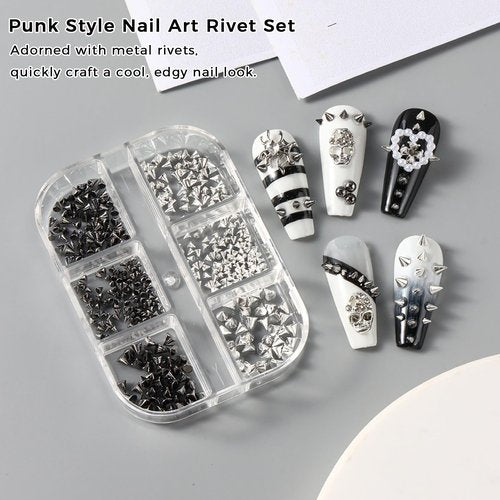 JERCLITY Platinum Gunmetal Black Punk Style Nail Rivets Set 1 Box Cone Nail Charms Studs Alloy Spike Rivets 2 Boxes Retro Metal Nails Circular Rings Nail Charms for Women
