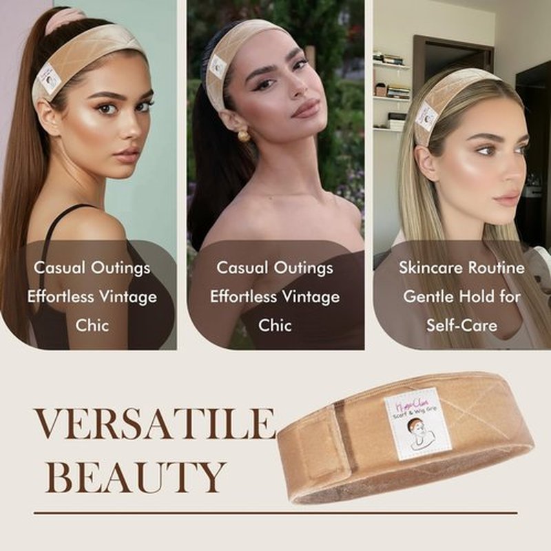 HappClan Velvet Wig Grip Bands - 2 Pcs Adjustable Non-Slip Headbands + 4 Pcs Caps for Women, All-Day Comfort Secure Wear Accessories (Beige)