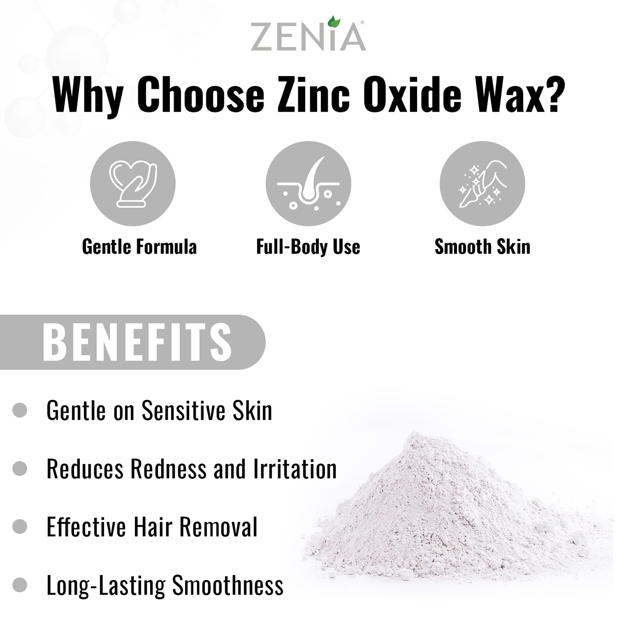 Zenia Zinc Oxide Wax 14oz - Gentle Hair Removal Soft Wax for Sensitive Skin - Perfect for Full-Body Use Including Face, Arms, Legs, and Bikini