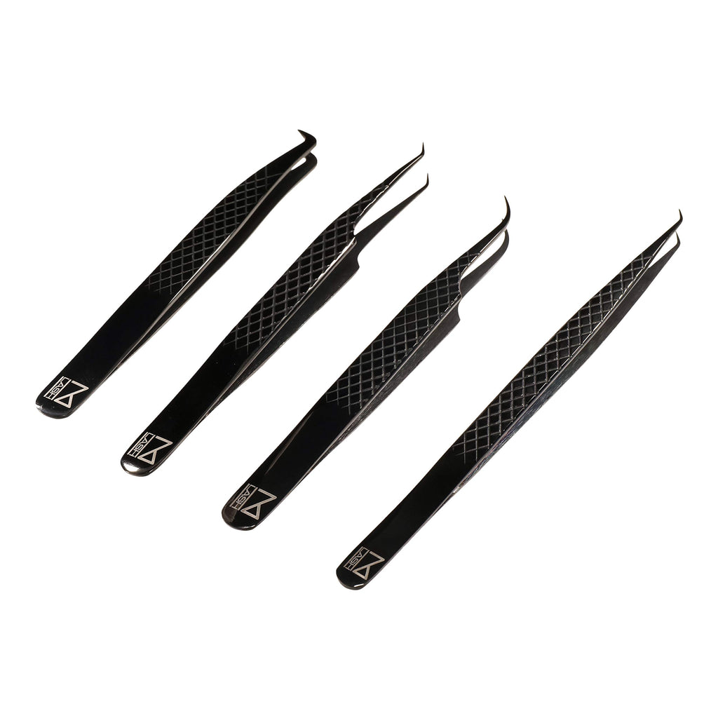 M LASH Tweezers for Eyelash Extensions (Set of 4) - Professional Lash Extension Tweezers - Fiber Tip, Japanese Steel, Diamond Grip Eyelash Extension Tweezer (Black)
