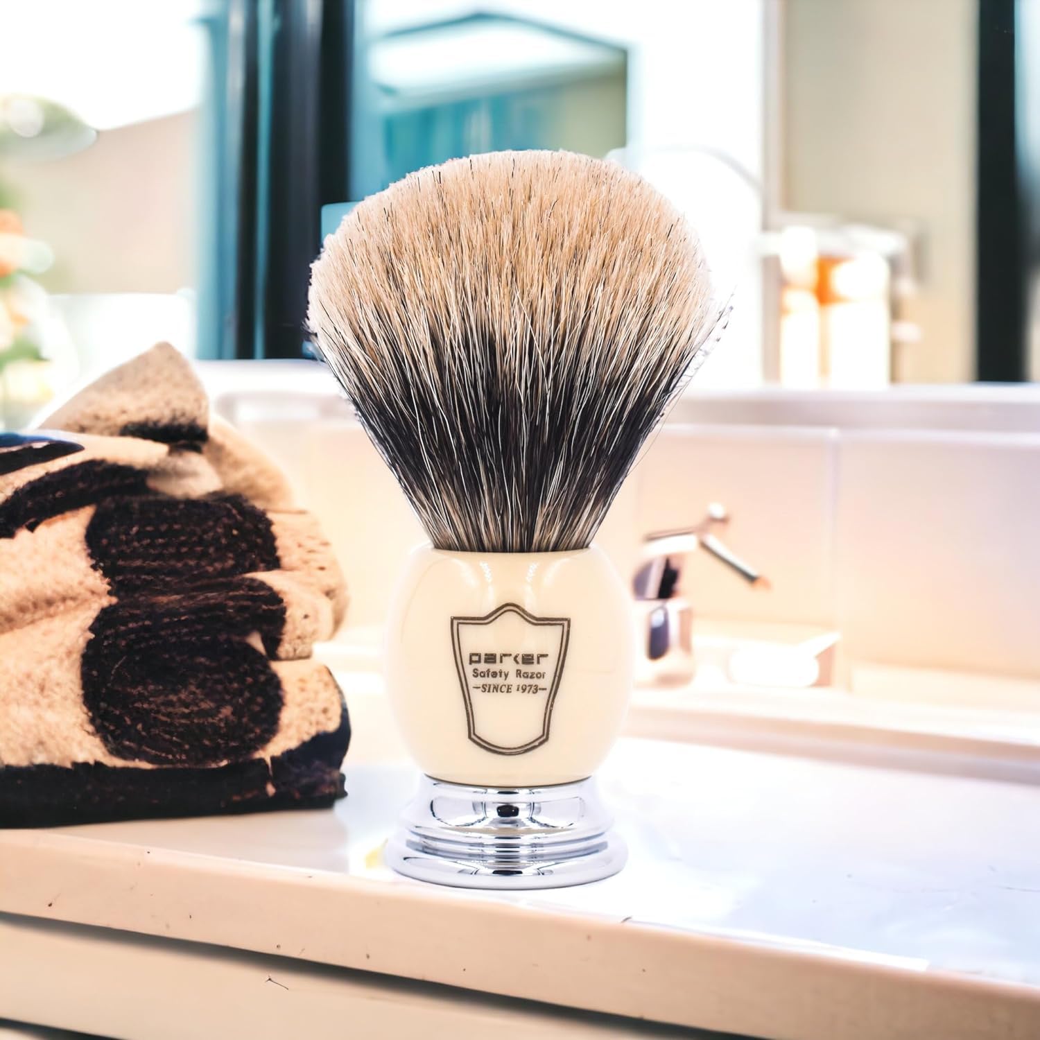 Parker Pure Badger Shaving Brush, Faux Ivory & Chrome, 22mm Knot