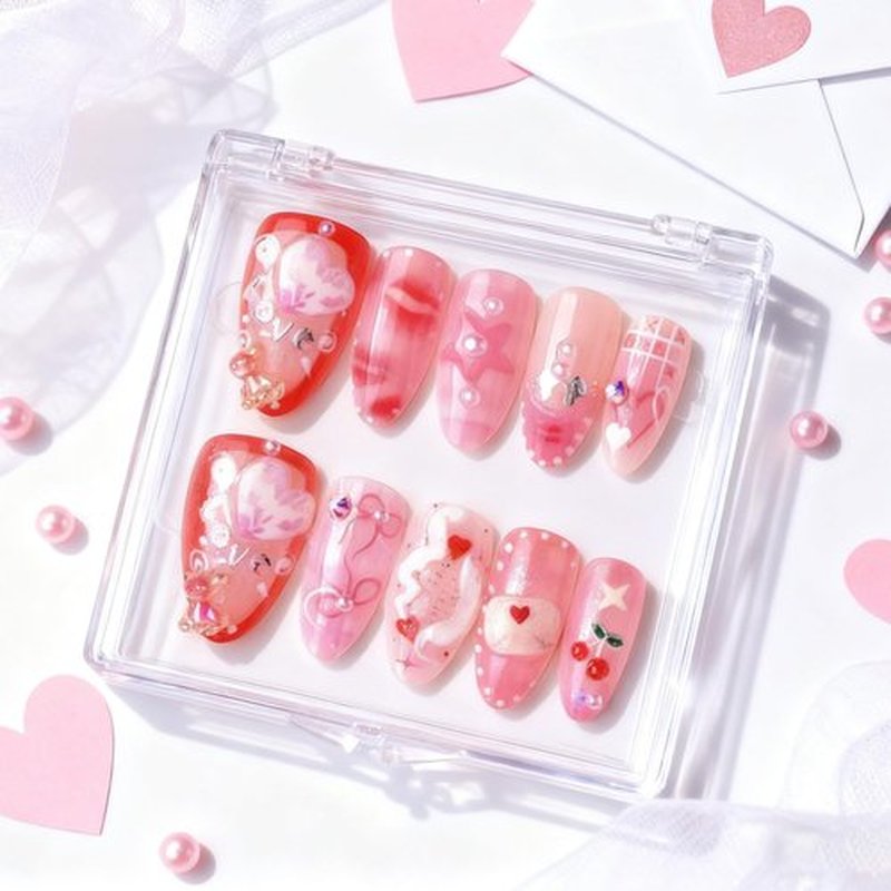 octoswave Almond Press on Nails Medium Fake Nails Cute Pink Love Artificial Nail 3D Sparkly Charm Stick on Nail for Women 30pcs