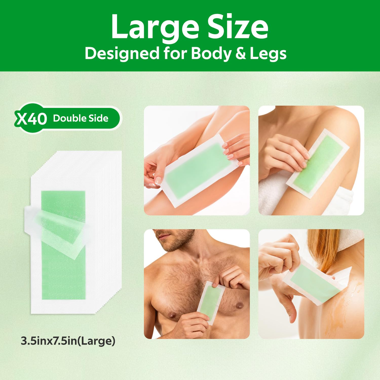 Waxfans 60 Counts Wax Strips for Hair Removal,40 Body Waxing Strips for Bikini,Legs & Underarms, 20 Face Wax Strips for Facial,lip,eyebrow,chin with 4 Calming Wipes, for Women & Men（Green）
