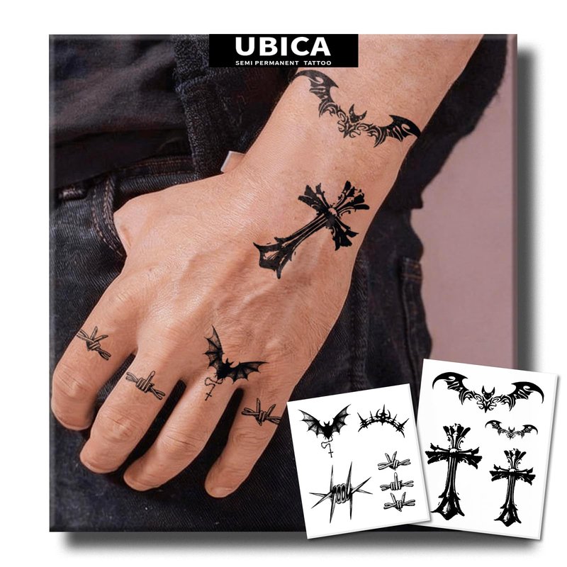 UBICA Semi Permanent Tattoos, 2 Sheets Tiny Realistic Temporary Tattoos for Men Hand Fingers, Fake Tattoo for Party, Waterproof No Reflective, Lasts 2 Weeks (Barbed Wire & Bat Cross Designs)