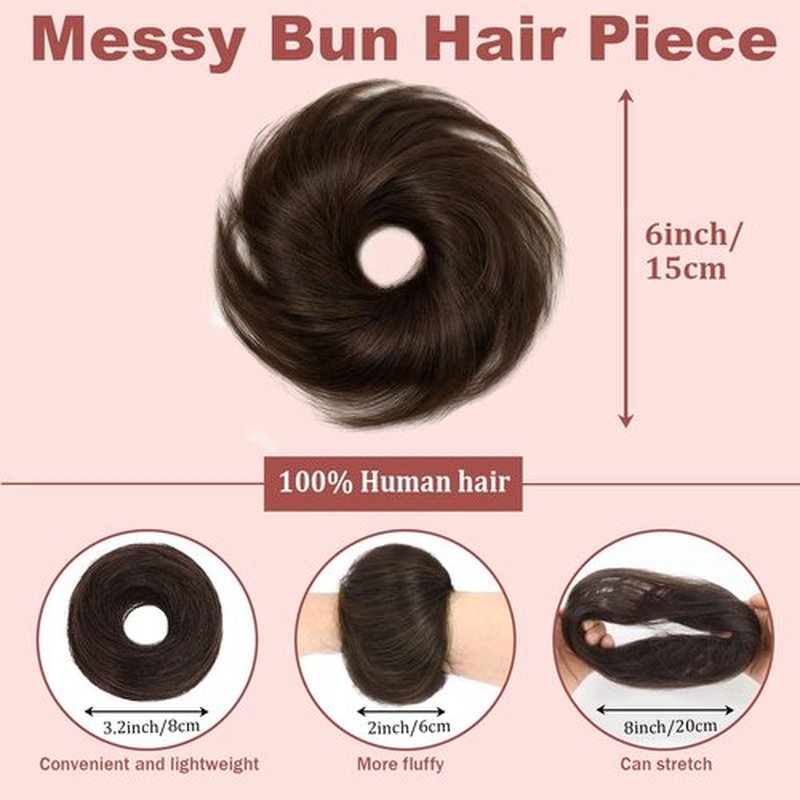 Messy Bun Hair Piece 100% Real Human Hair Natural Curly Scrunchies Dark Brown Updo Donut Chignon with Elastic Rubber Band Fluffy Bun Hair Pieces for Women Girls (#2 Dark Brown)