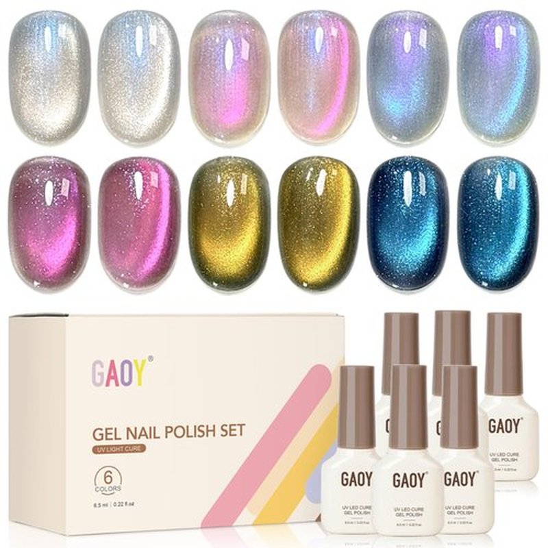 GAOY Cat Eye Gel Nail Polish Set, 6 Colors Blue Silver Pink Holographic Glitter Gel with Magnet, Soak Off UV Light Cure for Nail Art, Aurora Reverie