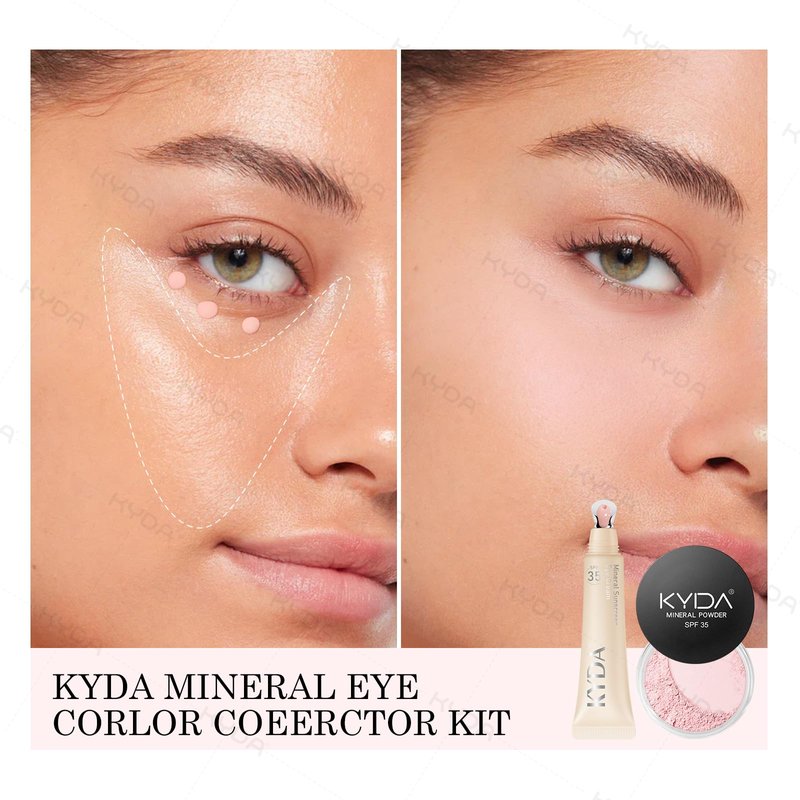 KYDA 6 Pcs Pink Mineral Under Eyes Concealer Kit, Included Eyes Concealer Cream+Loose Setting Powder, SPF 35, Eyes Color Corrector Set, Conceal Dark Circles with Brushes & Puffs