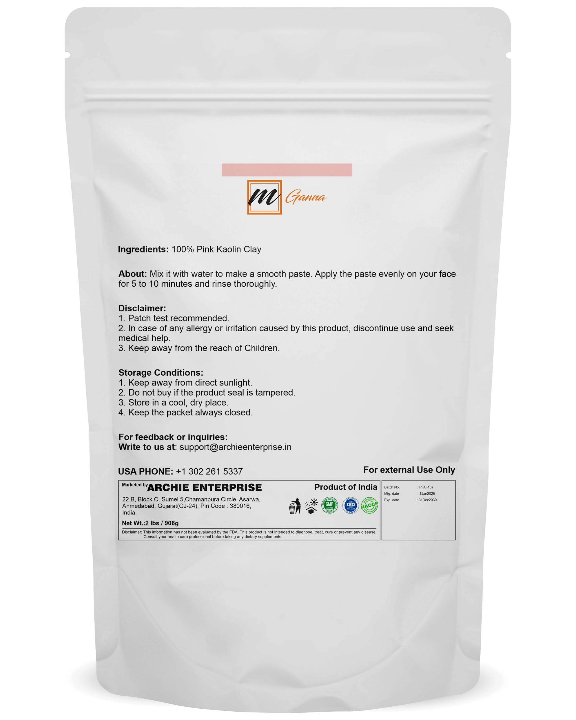 mGanna 100% Natural Rose Clay/Pink Kaolin Clay Powder (2 Pound) for Creams, Face Masks, and Soap Making 2 LBS / 908 GMS