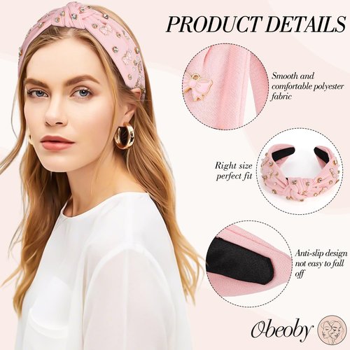 obeoby Pink Headbands for Women, Knotted Teacher Headband Non Slip Valentine's Day Bow Headband