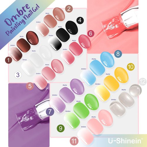 U-Shinein 12Pcs Ombre Gel Nail Polish Set,Spring Summer Colorful Painting Nail Gel with 100Pcs Nail Sponges & 4 Claws Metal Grabber for Diy Nail Art（C）