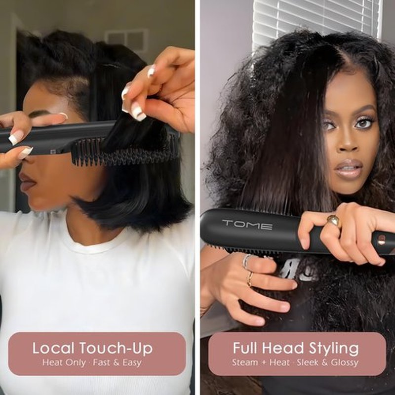 Tome Steam Hair Straightener Brush, 3-in-1 Ionic Straightening Comb with 2 Steam Levels, 3 Heat Settings (356°F–428°F), Dual Voltage 110-240V, Anti-Scald Design for Frizzy & Curly Hair (Black)