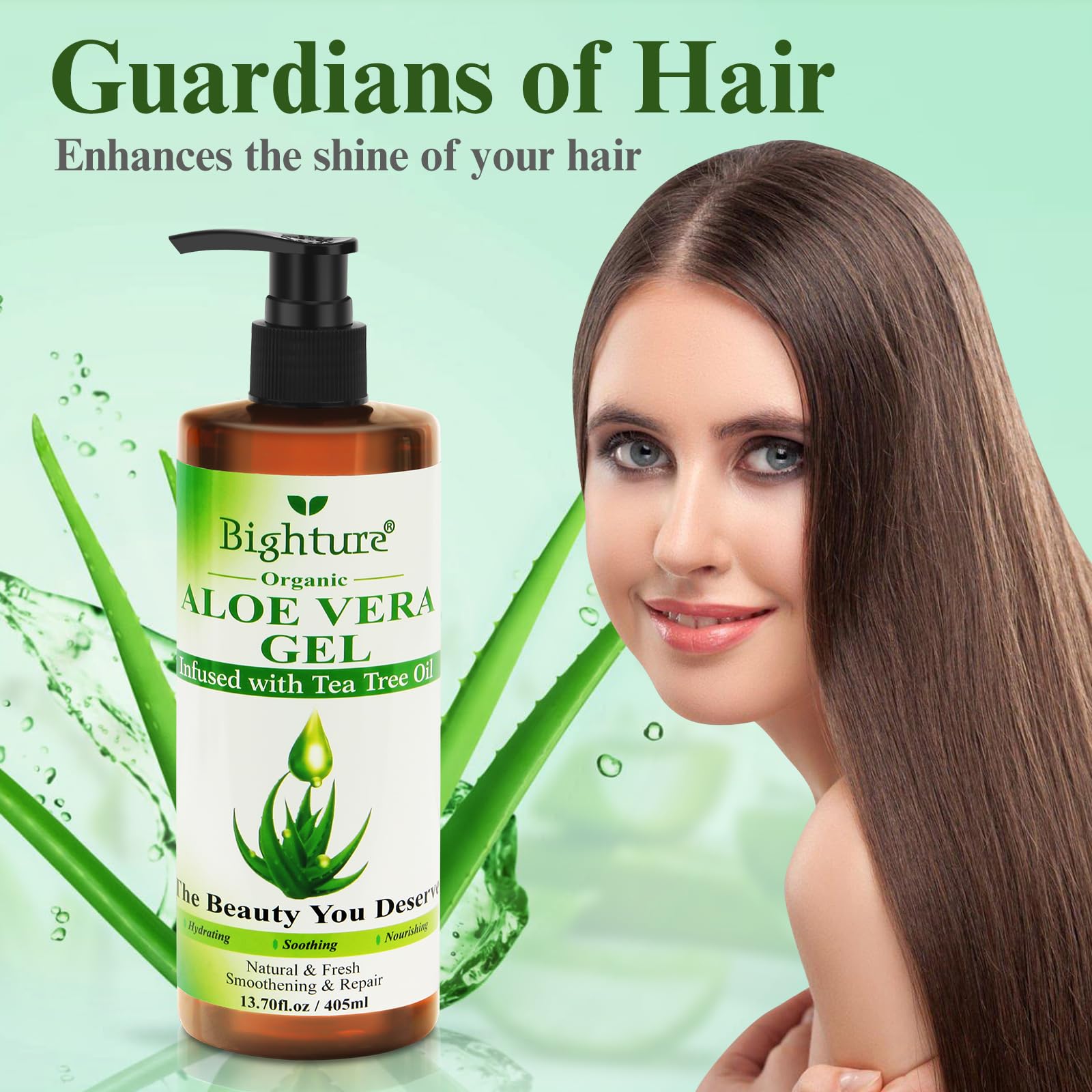 BIGHTURE Aloe Vera Gel with Tea Tree Oil for Face, Skin, Hair, Sunburn relief, Aloe Vera Gel from Freshly cut 100% Pure Aloe,13.7oz