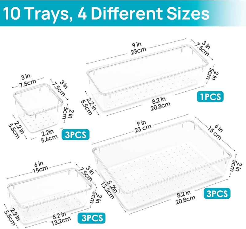 Vtopmart Makeup Drawer Organizer Set - 10 Clear Acrylic Bins in 4 Sizes for Cosmetics & Jewelry Storage