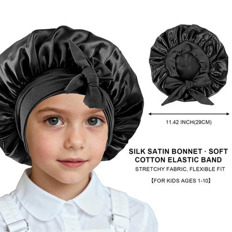 3 PCs Kids Bonnets for Girls, Silk Bonnet for Kids, Satin Bonnet for Sleeping, Baby Toddler Hair Cap with Tie Band (Rose Pink+Peach Pink+Black)