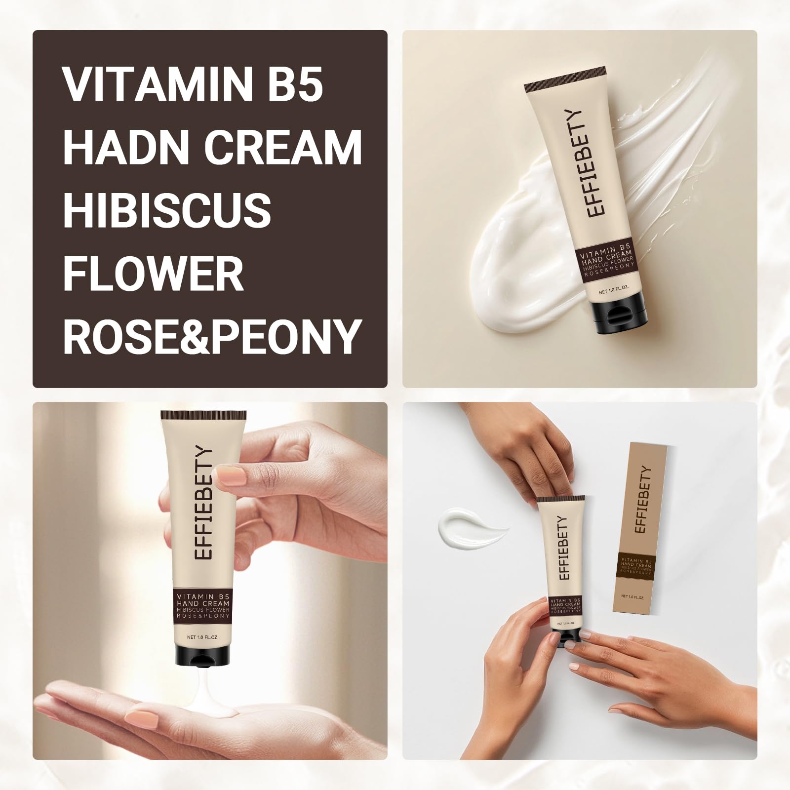 EFFIEBETY Vitamin B5 Hand Cream 6 Pack, Fast-Absorbing & Non-Greasy for Deeply Hydrated, Soft Skin, Infused with Hibiscus Flower, Rose & Peony, Vegan & Cruelty-Free (1 fl oz)