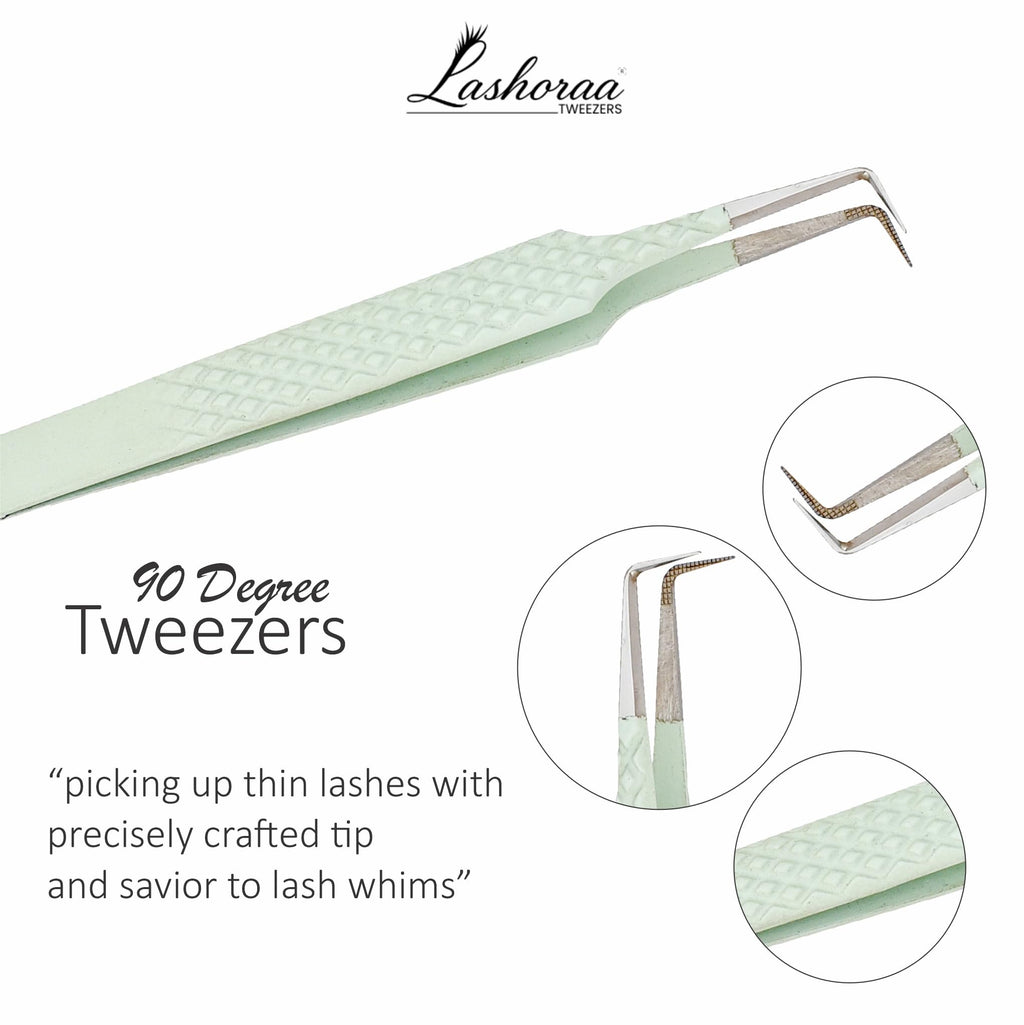 LASHORAA Lash Tweezers Set for Eyelash Extensions - 3 Piece Precision Fiber Tip Diamond Grip, Volume, L-Shape Boot, 90 Degree Tweezers - Includes Leather Case for Classic Lashes & Premade Fans