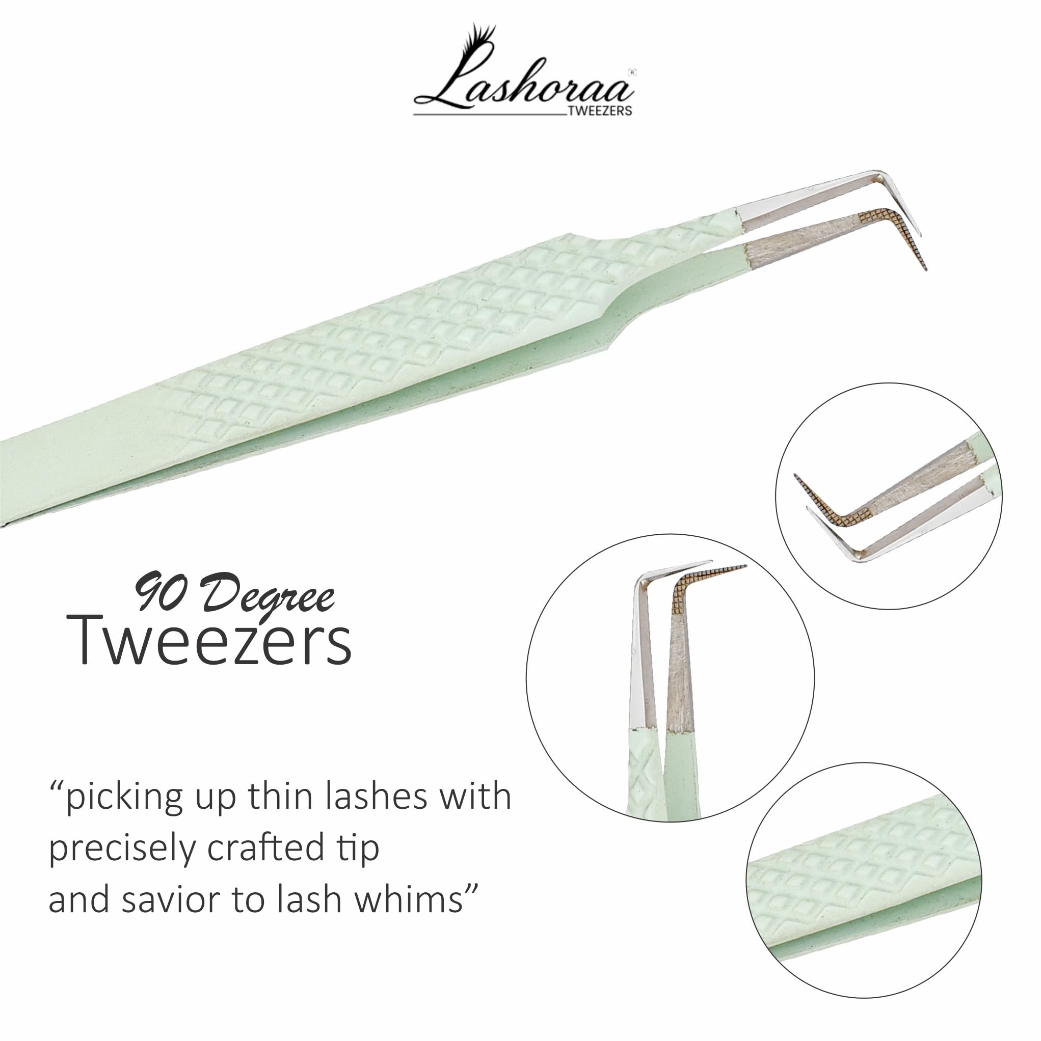 LASHORAA Lash Tweezers Set for Eyelash Extensions - 3 Piece Precision Fiber Tip Diamond Grip, Volume, L-Shape Boot, 90 Degree Tweezers - Includes Leather Case for Classic Lashes & Premade Fans