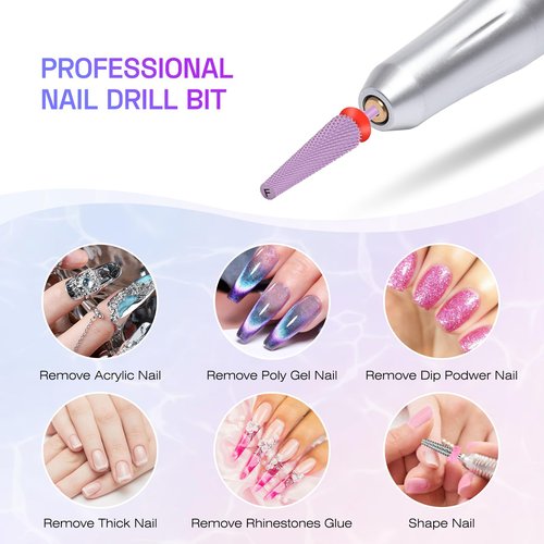 Depvko Super Long 5 in 1 Nail Drill Bits,Carbide Nail Drill Bit,3/32" Two Way Rotate Professional Drill Bit Nails,Nail Bits Fast Remove Acrylic or Gel for Manicure,Pedicure,Nail Art (Fine-F, Purple)